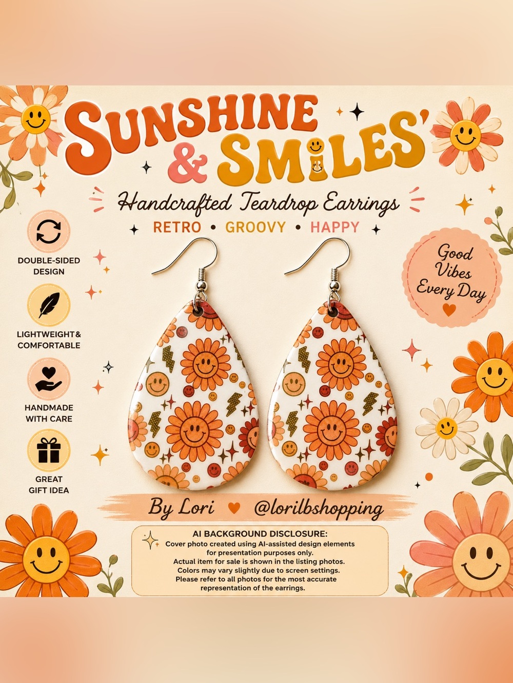 Retro Smiley Daisy Teardrop Earrings | Handmade Groovy Dangle Earrings